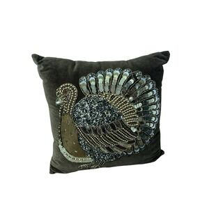Pier 1 Thanksgiving Turkey Throw Pillow 12"x12" Gold Sequins & Brown Velvet